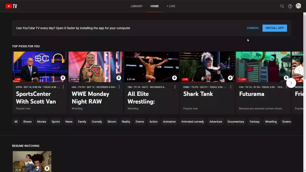 Installing YouTube TV from an in app prompt, powered by the beforeinstallprompt event.